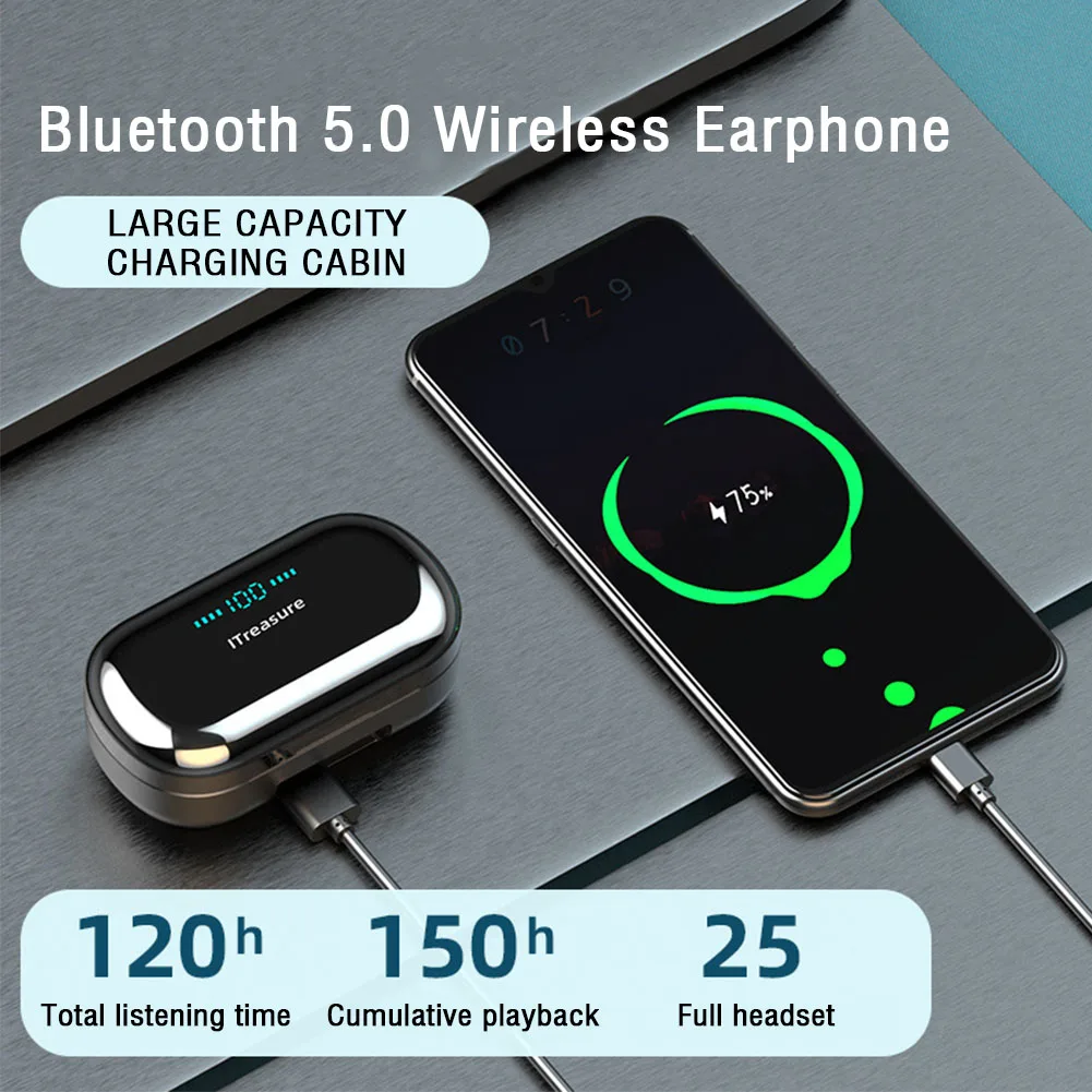 Сенсорный контроль, Водонепроницаемый Bluetooth 5,0 Светодиодный дисплей питания, беспроводные наушники, бинауральные звонки, эргономичный стерео музыкальный держатель для телефона TWS