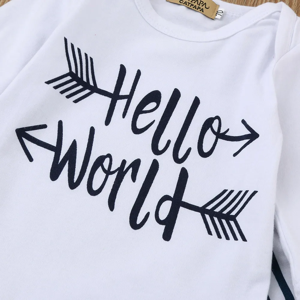 Зимняя теплая одежда для малышей комбинезон с надписью «Hello World» для новорожденных девочек+ штаны в полоску Шапочка, комплект одежды из 3 предметов, bebe