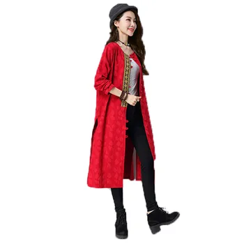 

Autumn winter Cardigan trench coat women new plus size long sleeve round neck red black printing fashion long windbreaker LR611