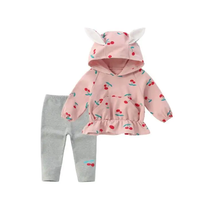 Одежда для маленьких девочек 1-2-3-4 лет, хлопковый комплект, Весенний костюм с длинными рукавами для малышей, комплекты со свитером с капюшоном и принтом «заячьи ушки» и «вишни» для маленьких девочек - Цвет: Розовый