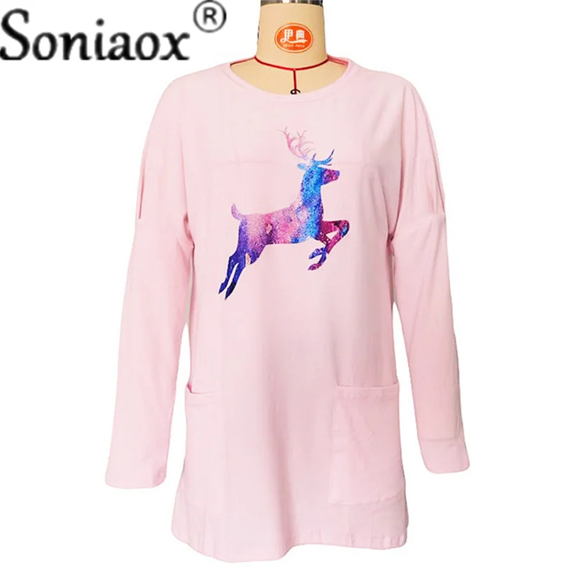 Women Fashion New Splice Elk Printed Pockets Long Sleeve Sweatshirt For Autumn Blended O-Neck Loose Casual Pullover Tops Female
