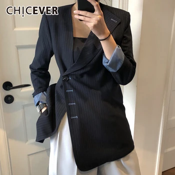 

CHICEVER Asymmetric Blazer For Women Notched Collar Long Sleeve Striped Vintage Pockets Chic Style Coats Female 2020 Fashion New