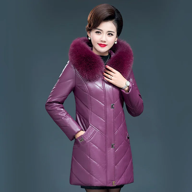 L-7XL Women Split Leather Coat Winter 2024 New Fashion Thick Warm Faux Fur Collar Hooded Sheepskin Jacket Tops Outerwear Female