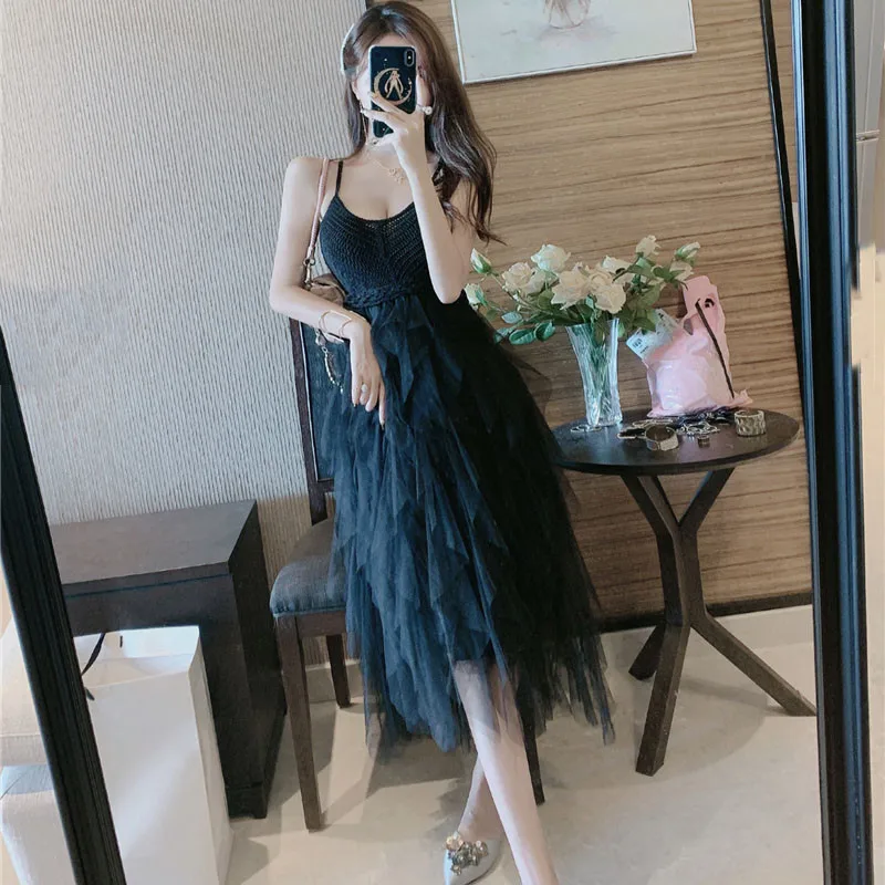 Irregular Mesh Knit Strap Dress Women 