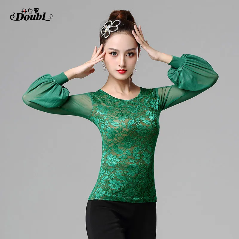 DOUBL Modern Dance Top Female Adult Latin Ballroom Dance Dress New Spring Social Dance Lantern Long Sleeve Dress Costume Workout