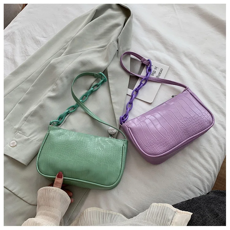 Purple baguette bag Women Baguette Zipper Shoulder Bags Handbags sac PU Leather Street Casual Solid Messenger Bolsa Mujer 2020