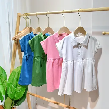 

Thunderers Girls Summer Dress New Baby POLO Small Lapel Short Sleeve Dress Simple Solid Colors Wild Children Princess Dress 3-7Y