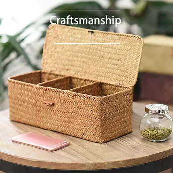 

1PC Seaweed Button Hand-woven Storage Basket Debris Desktop Storage Box Basket Clothing Clothes Storage Finishing Basket Lid