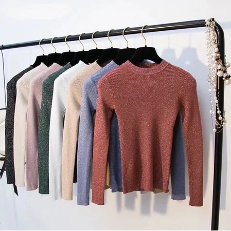 SAGACE, женские свитера, зима, блестящий люрекс, Осень-зима, свитер с длинным рукавом, пуловер, женские топы, базовый свитер