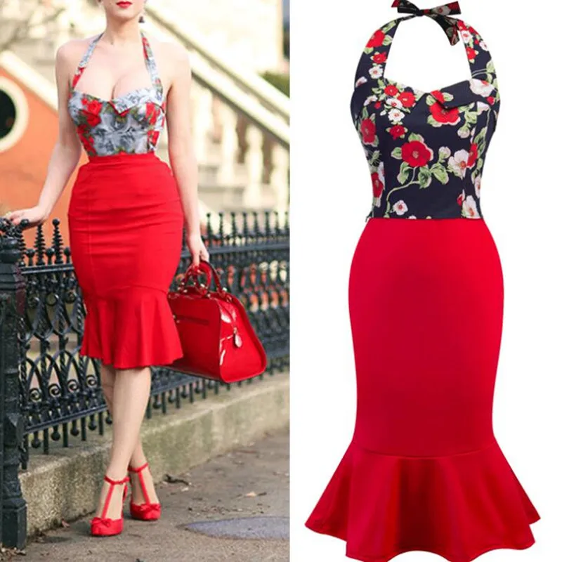 

Womens Vintage Retro Dresses 50s 60s Robes Rockabilly Swing Trumpet Patchwork Floral Fake Two Piece 2019 Summer Dress Plus Size