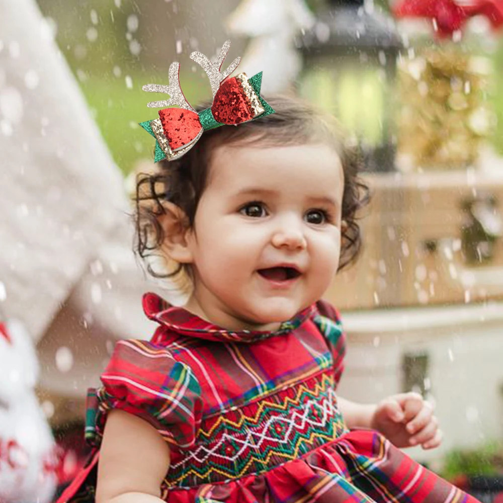 

Christmas Baby Sequins Hair Bows Clips for Girls Xmas Snowman Antlers Lollipop Party Hairgrips Kids Gift Headwear Accessories