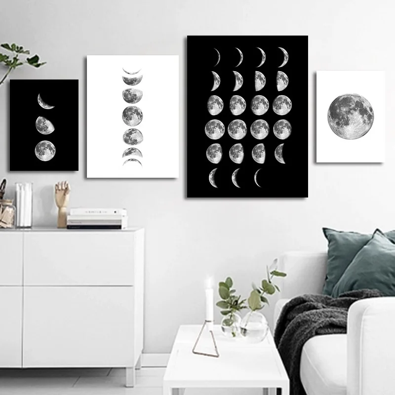 

Northern European-Style Living Room Decoration Canvas Simple Black And White Creative Eclipse Moon Changed Library Hanging Paint