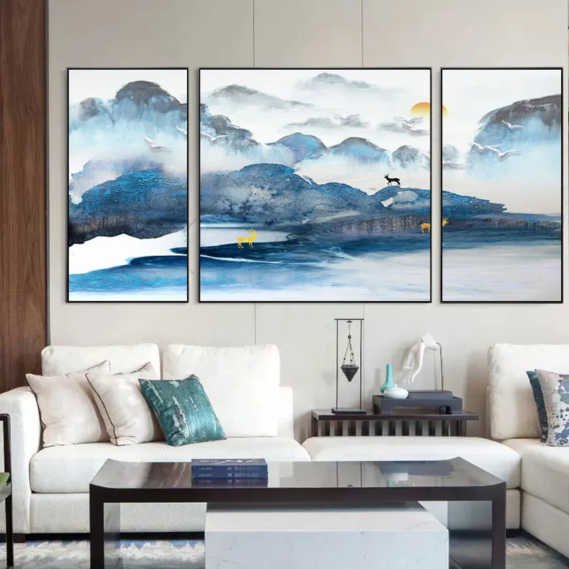 

New Chinese Style Golden Abstract Landscape Canvas Poster Prints Mountains Wall Art Pictures For Living Room Bedroom Home Decor