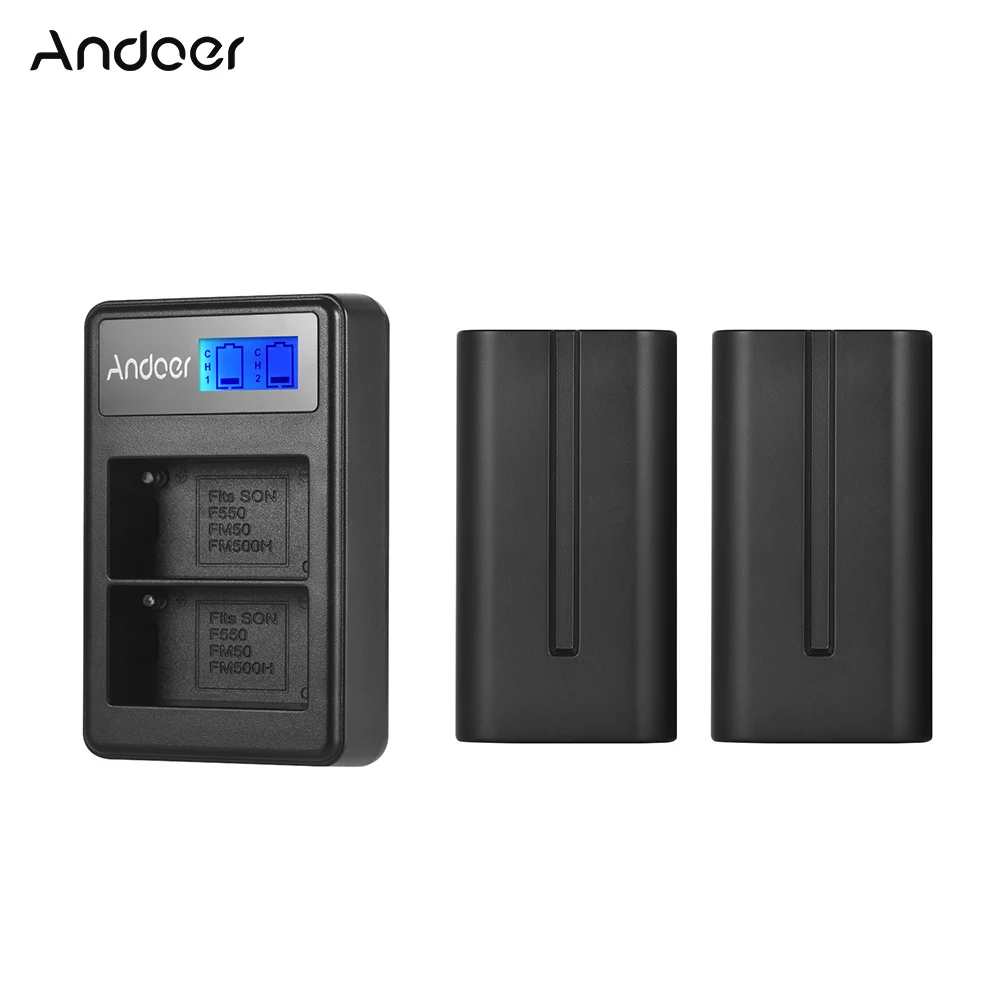 Andoer F550 зарядное устройство для аккумуляторов в комплекте 2* NP-F550 батарея+ lcd 2-NPF550 Двухканальное зарядное устройство ЖК-дисплей для видеосъемки