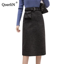 QoerliN, винтажные шерстяные юбки, женские юбки с высокой талией, женские юбки размера плюс с поясом, прямые юбки до колена, женская одежда, юбки, S-XL