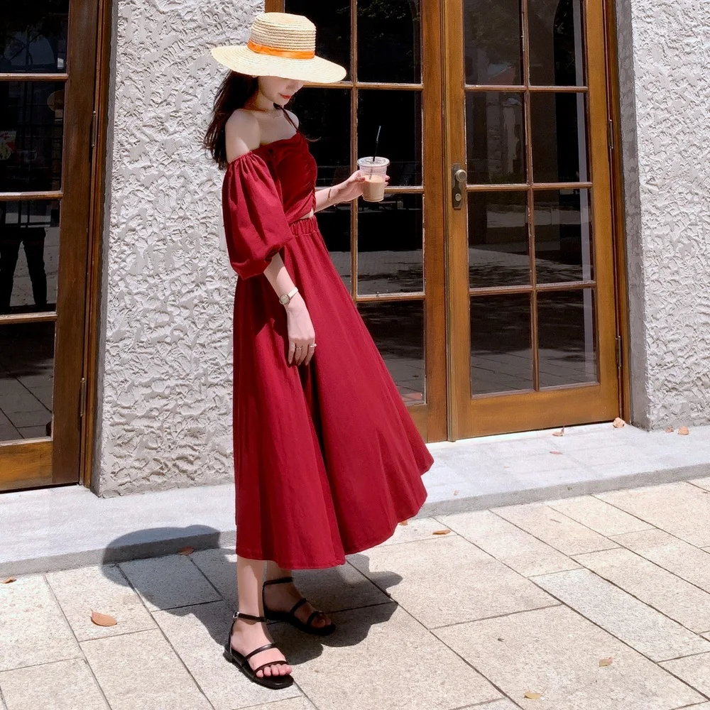 

Photo Shoot 2019 Summer New Style WOMEN'S Dress French Retro CHIC Careful Machine off-Shoulder lou kong wang Red Celebrity Style