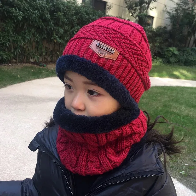 Wine Kids hat-scarf Детские шапки; флисовые шапочки для малышей; зимние теплые шапочки для маленьких девочек; шапка с круглым вырезом; теплая зимняя одежда для мальчиков; мужской набор из шапки и шарфа - Цвет: Wine Kids hat-scarf