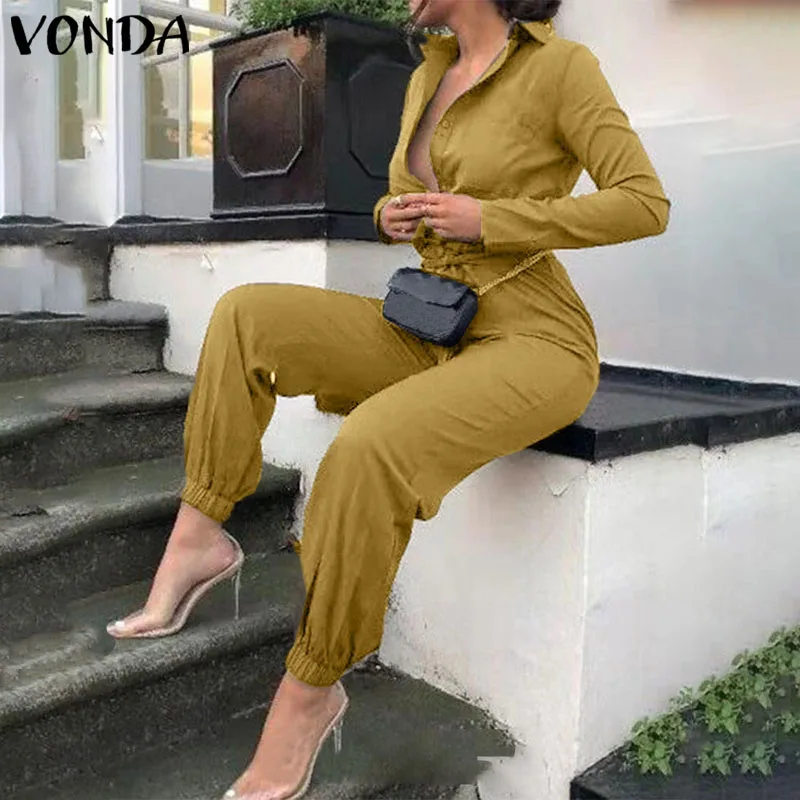 VONDA комбинезоны, женские комбинезоны, повседневные одноцветные с длинным рукавом, сексуальные комбинезоны с v-образным вырезом размера плюс, вечерние комбинезоны в богемном стиле, Femme 5XL