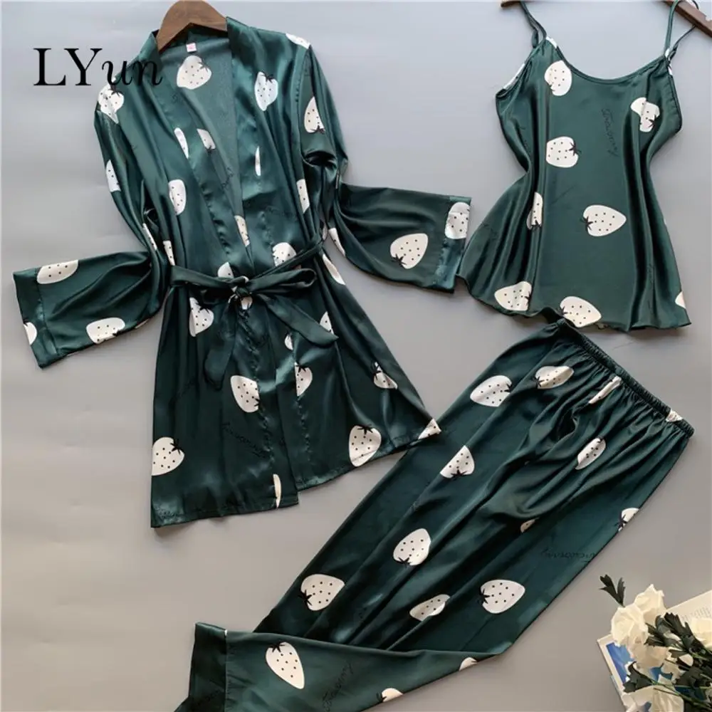 

LYun Pajamas women spring and autumn printed long-sleeved artificial silk home service sexy three-piece suit can be worn outside