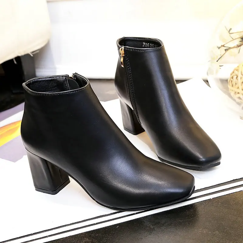 

2019 New Fashion Spring/Autumn Female Anckle Boots Women's Pointed Toes Square High Heels Shoes Woman Zipper Daily Dress Booties