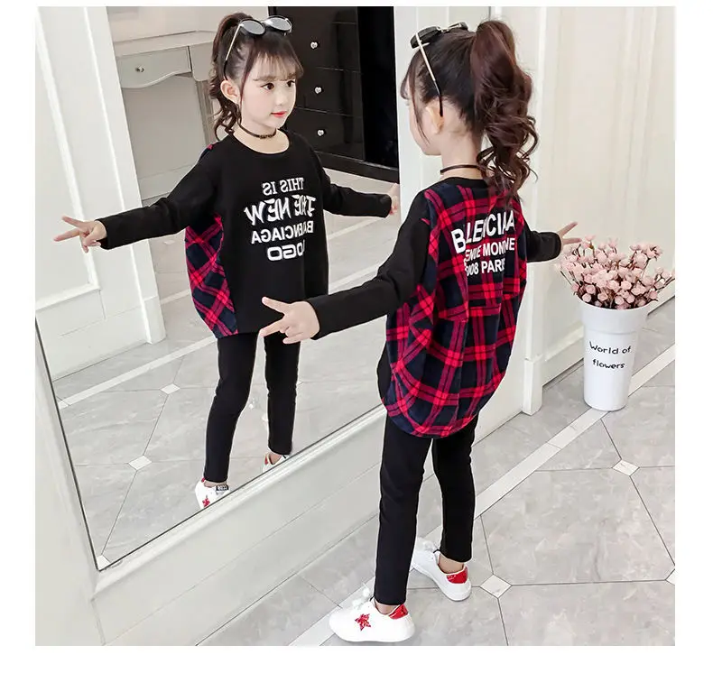 2PC Children's girls clothing set new autumn teen girl plaid stitching set school kids girls clothes casual clothes set
