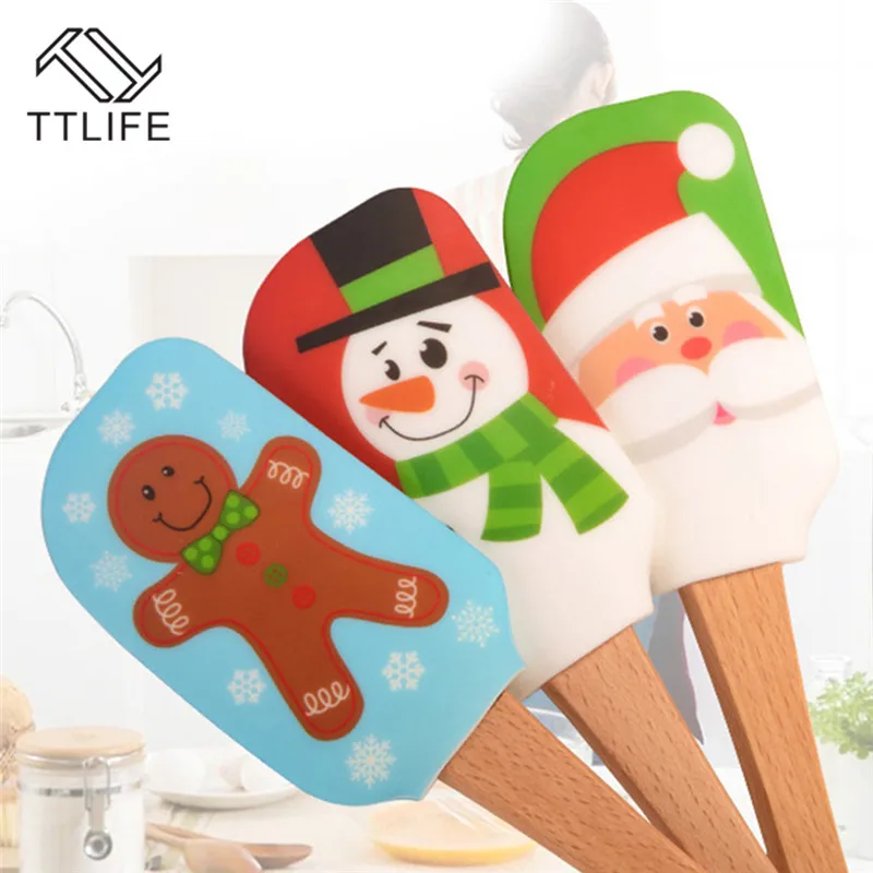 

TTLIFE Christmas Pattern Food Grade Silicone Butter Scraper Wooden Handle Scraper Cake Cream Stir Mixing Cutter Baking Tools