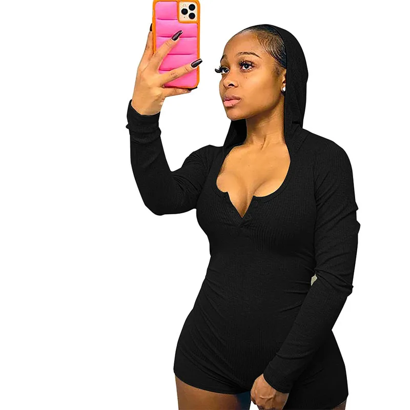 

Women's Street Casual Sports Slim Ribbed Jumpsuit Sexy Solid Color Hooded Long Sleeve Skinny Playsuit Winter One Piece Pants