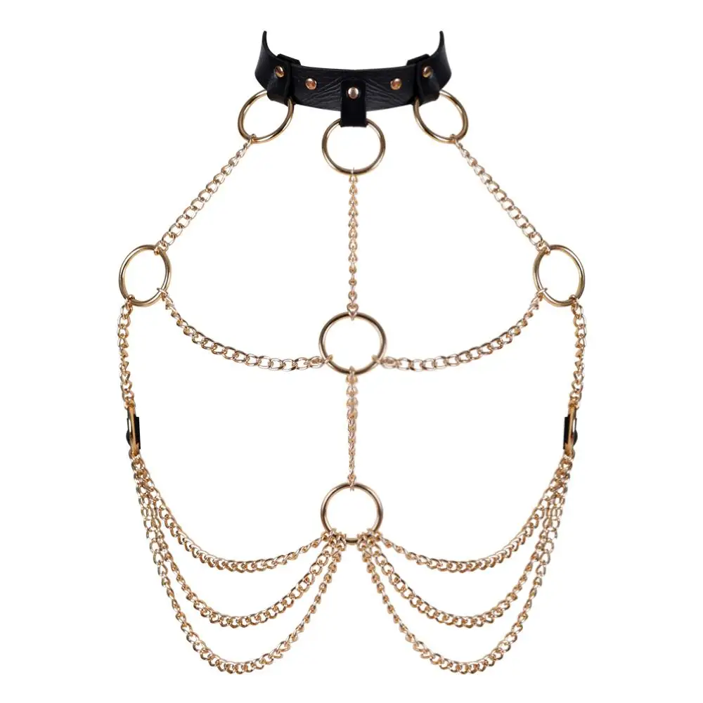 

Sexy Gold Chain Leather Harness Bra Punk Goth Cage Top Metal Ring Adjustable Suspender Dance Rave Body Bonage Lingerie Goth