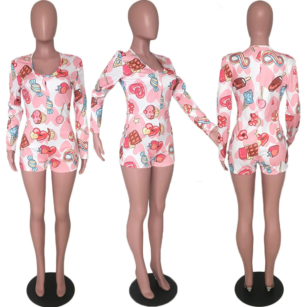 Лето Осень женский комбинезон Bodycon игровой костюм спортивный костюм комбинезон комбинации большой размер конфеты печати с длинным рукавом V образным вырезом сексуальные комбинезоны