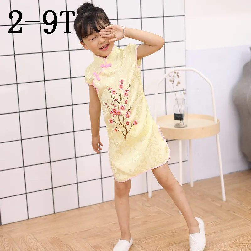 Слоновая кость Китайское платье принцессы Cheongsam; летнее платье для маленьких девочек; детская одежда; милое хлопковое платье принцессы без рукавов с цветочным принтом - Цвет: Слоновая кость