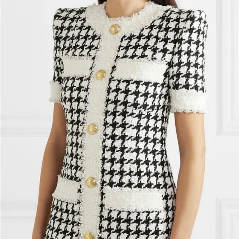 Элегантные весенние модные черно-белые клетчатые женские твидовые платья с