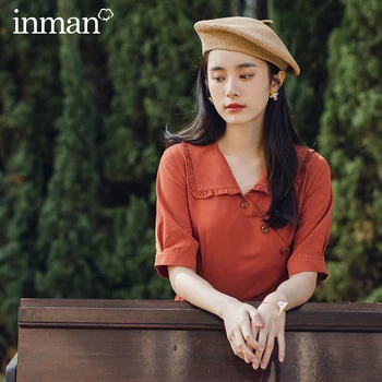 

INMAN Vintage Artsy 2020 Summer New Arrival Short Sleeve Dress Stringy Selvage Doll Collar Shape Waist Dress
