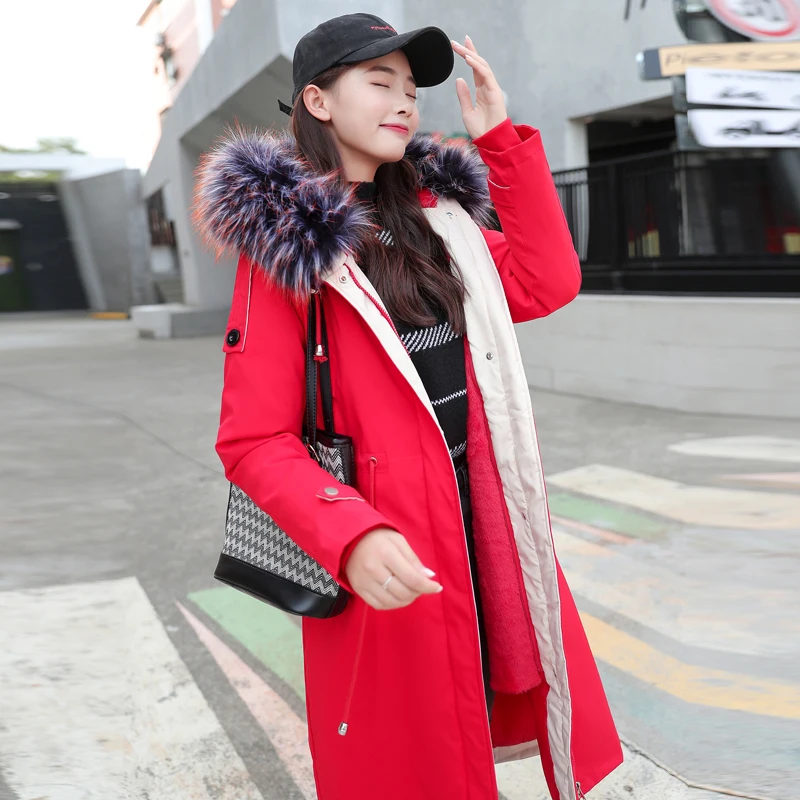 Winter Fleece Womens Parka Coat Thick Warm Long Hooded Outwear Faux Fur Collar Plus Size 4XL Parkas U3 - Цвет: Красный