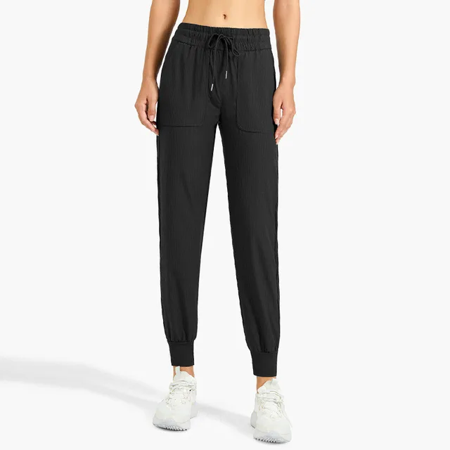 Women Sports Pants Fitness Yoga Legging Loose Running Athletic Clothe Casual Jogging Drawstring Feet Loose Trousers With Pockets Black