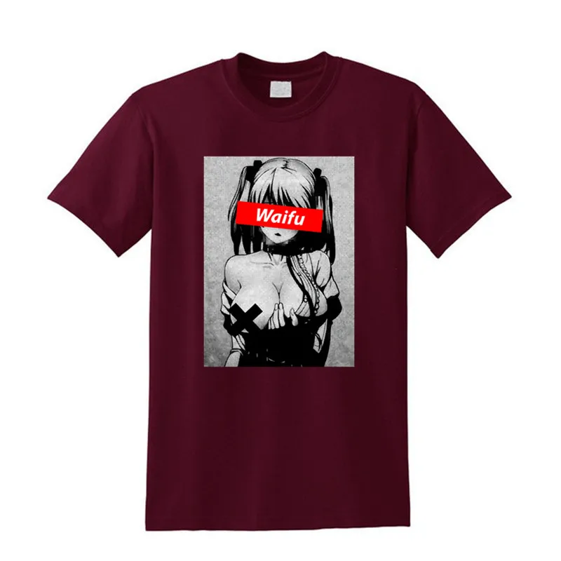 Новейшие Waifu Материал рубашка Otaku Lewd хентай милая девушка аниме Ahegao хлопок футболка для мужчин Уличная Футболка с принтом s - Цвет: Бургундия