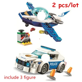 

2pcs/lot City Sky Police Jet Patrol and Patrol Car Building Blocks Kit Bricks Classic Model Kids Toys For Children Gift