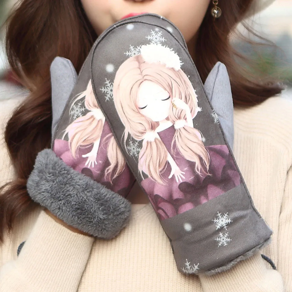 Модные женские зимние крученые перчатки с принтом, женские теплые перчатки с ремешком на палец, Женские ветрозащитные меховые варежки, перчатки rekawiczki