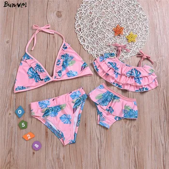 

bunvel Bohemian Two Piece Bikini Mommy And Me Swimwear Floral Halter Ruffle Kids Baby Swimming Suit for Mommy And Me Beach Wear