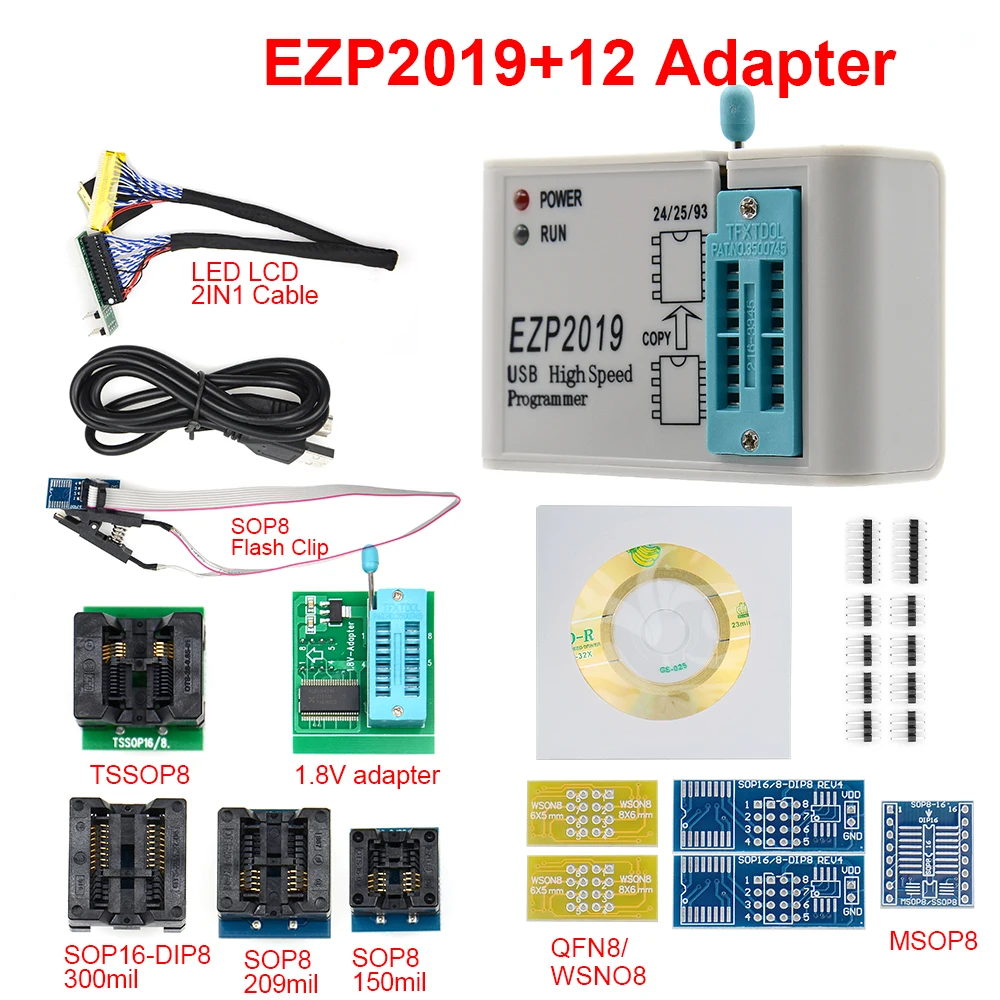 EZP2019 высокоскоростной USB SPI программатор + 12 адаптеров SOP8 тестовый зажим sop8/16 1 8 в