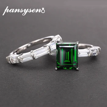 

PANSYSEN Brand Real 925 Sterling Silver 8x10MM Emerald created moissanite Gemstone rings Wedding Anniversary Fine Jewelry Ring