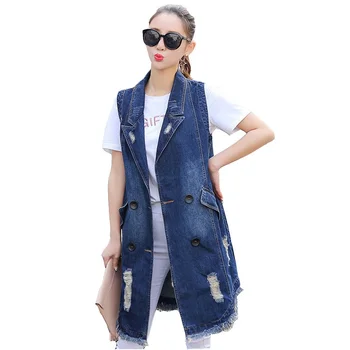 

Women Denim Vest Tops Spring Autumn 2019 NEW Sleeveless Vest Coat Hole Tassel Long Casual Denim Vest Jacket Women Plus Size134