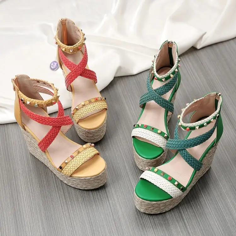 

Runway Platform Women Sandals Peep Toe Rivets Studded Cross Buckle Sandalias Mujer High Wedges Heels Womens Shoes Back Zipper