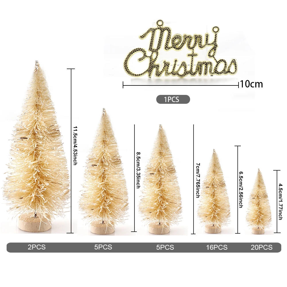 49 Pcs Winter Snow Ornaments Tabletop Trees Decoration Multicolor Mini Pine Trees Frosted Sisal Trees with Wood Base Plastic