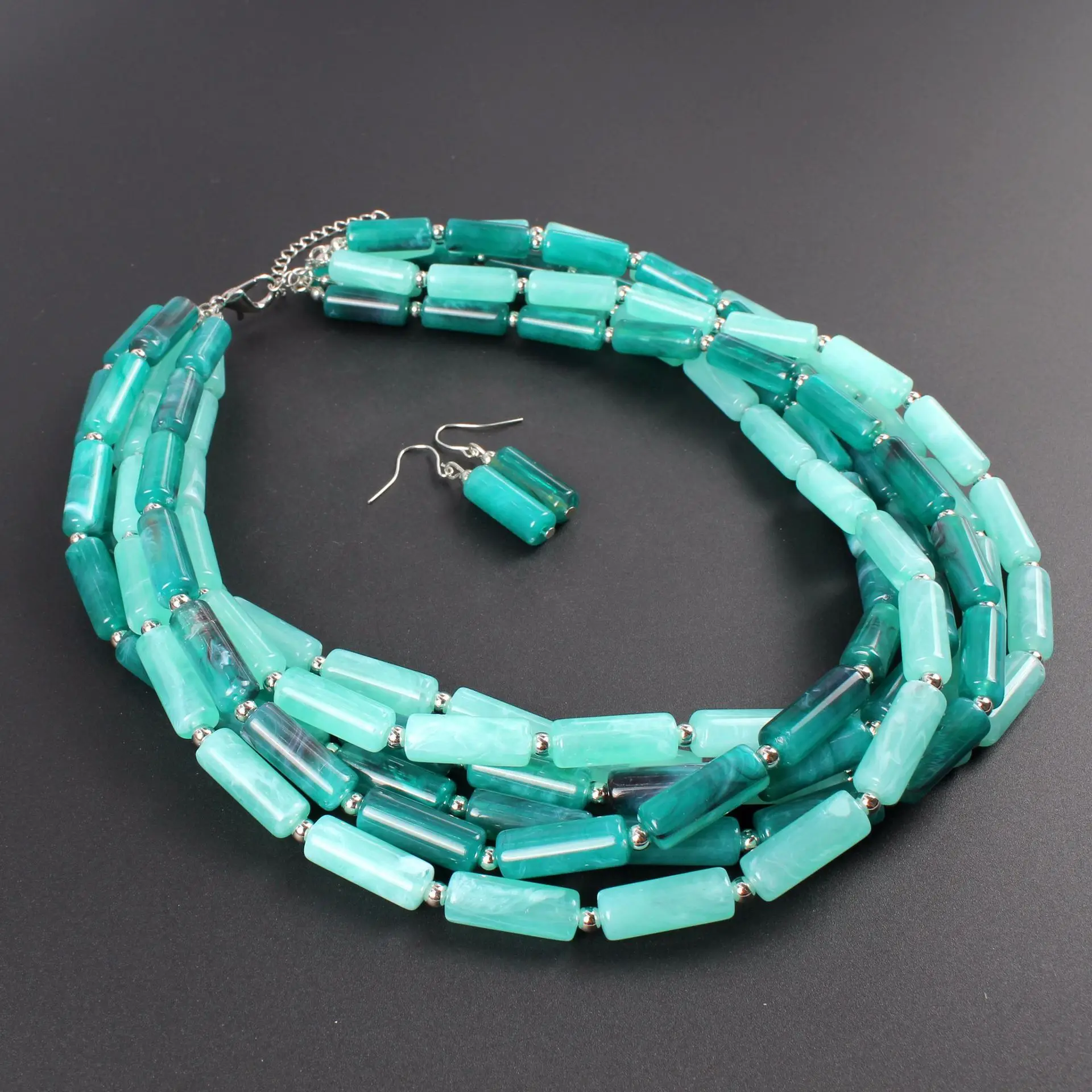 Fashion New Multilayer Cylindrical Resin Choker Necklace Earrings for Women Ethnic Bohemian Boho African Beads Jewelry Sets