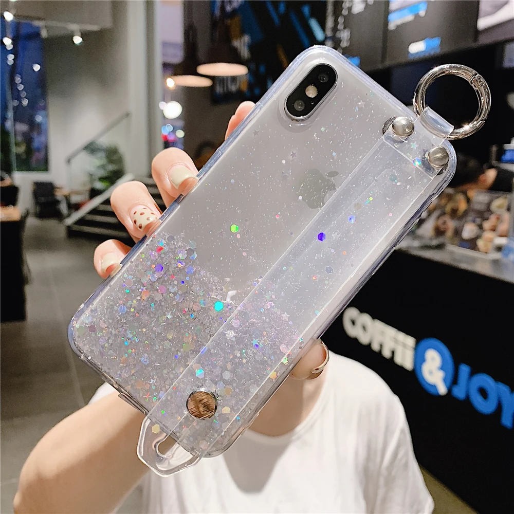 Clear Для iPhone 11 Pro Max XR XS MAX 6 8 7 Plus Модный сверкающий Блестящий ремешок подставка держатель чехол для iPhone 11 7 8 Мягкий ТПУ чехол - Цвет: Clear