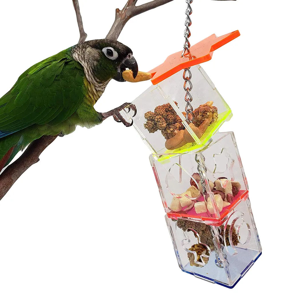 Transparent little finger Parrot Bird Cage Feeder Hanging Forage Toys Pet Treat Hunt Macaw Cockatoo Budgie size 2.36 x 1.97 x 2.95