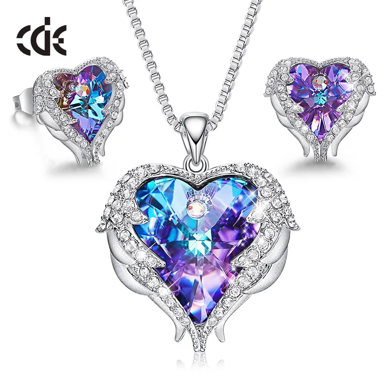 Purple P0902B E1752B CDE, женское ожерелье, серьги, ювелирный набор, украшенный кристаллами Swarovski, женское сердце, подвеска, шпилька, модное ювелирное изделие, подарок - Цвет камня: Purple P0902B E1752B