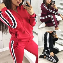 Модные женские повседневные полосатые спортивные брюки на молнии с длинным рукавом+ брюки