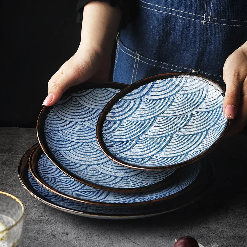 RUX мастерская японский стиль керамическое блюдо для стейка волнистый узор синий Ресторан кухонная посуда украшение дома