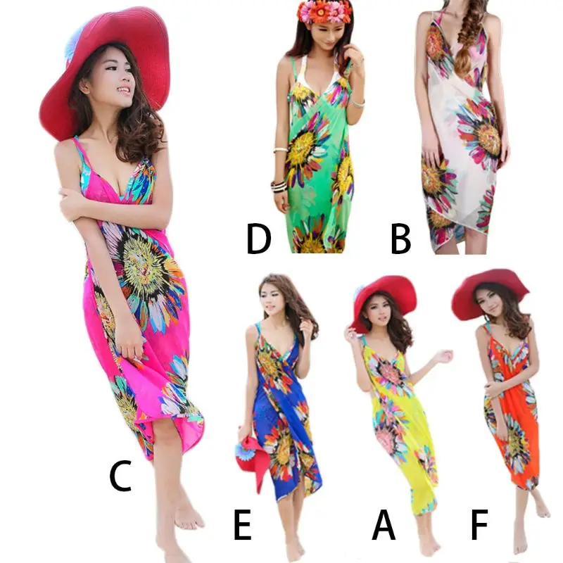 

Womens Bohemian Spaghetti Strap Sexy V-Neck Backless Bikini Cover Up Colored Sunflower Print Wrapped Beach Dress Bathing BX0A